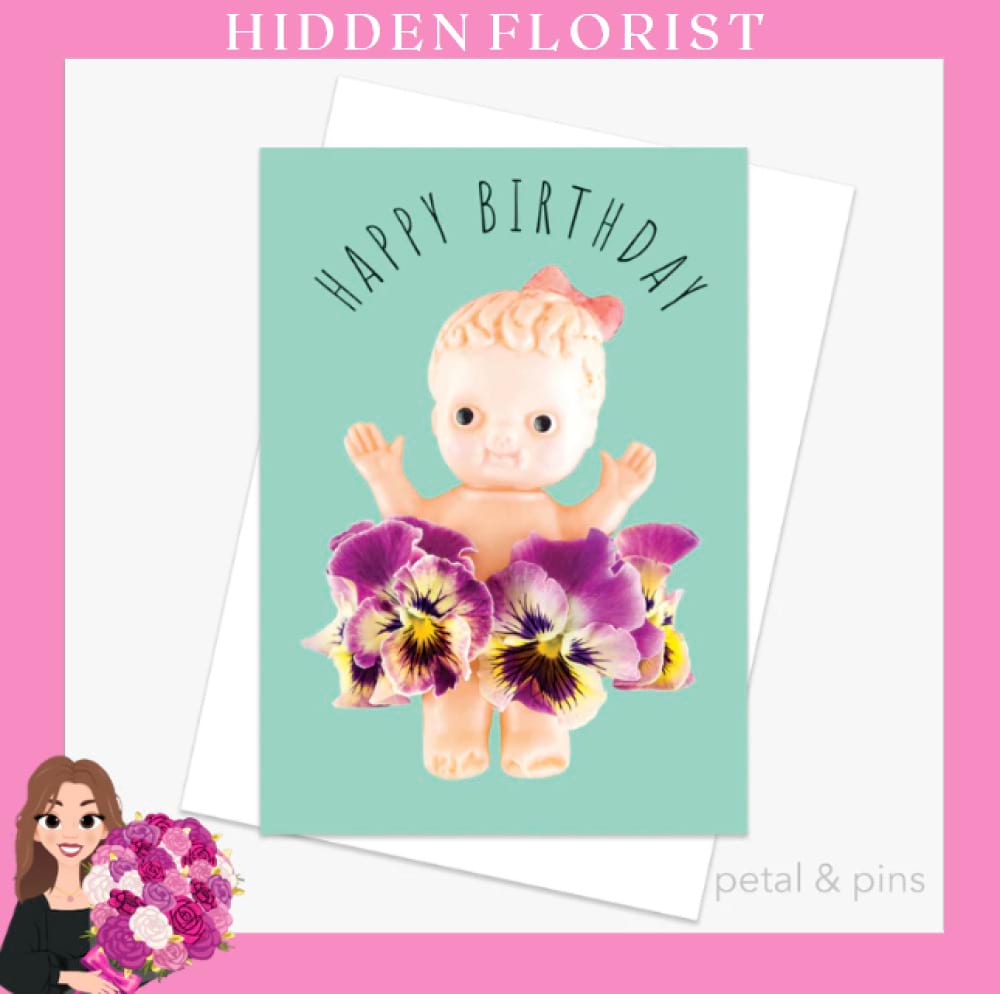 birthday kewpie doll greeting card, Petal & Pins Greeting Cards, Hidden Florist, Sunbury
