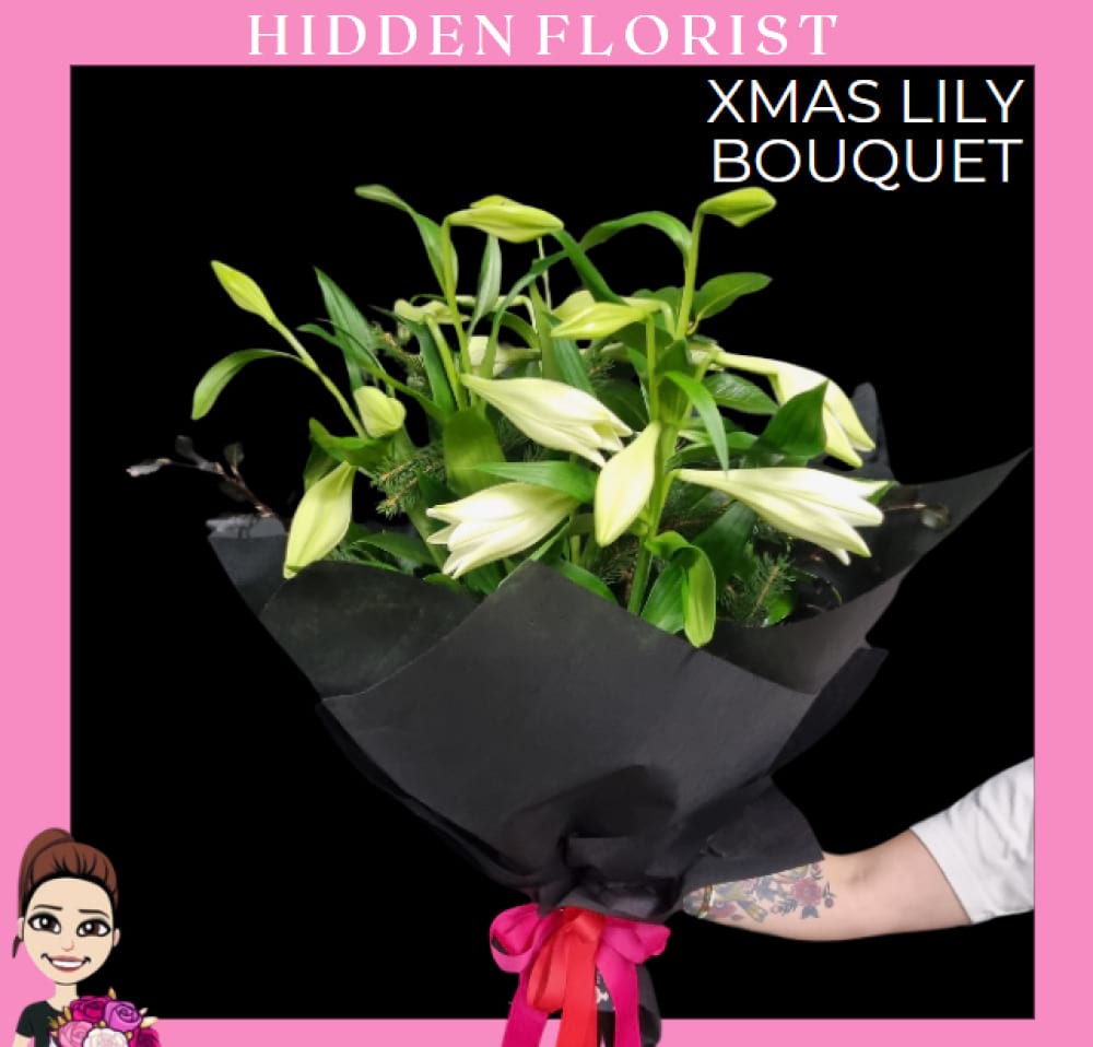 Christmas Lily Bouquet, Hidden Florist, Sunbury, Victoria. Sunbury`s Florist. Gisborne Florist. Woodend Florist. Macedon Florist. Kyneton Florist. Romsey Florist. Lancefield Florist. Diggers Rest Florist.
