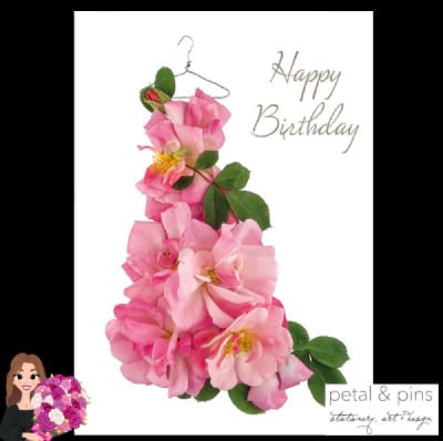 pink rose dress - floral birthday card
