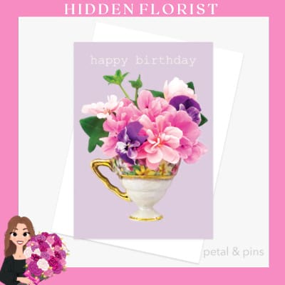teacup bouquet happy birthday greeting card
